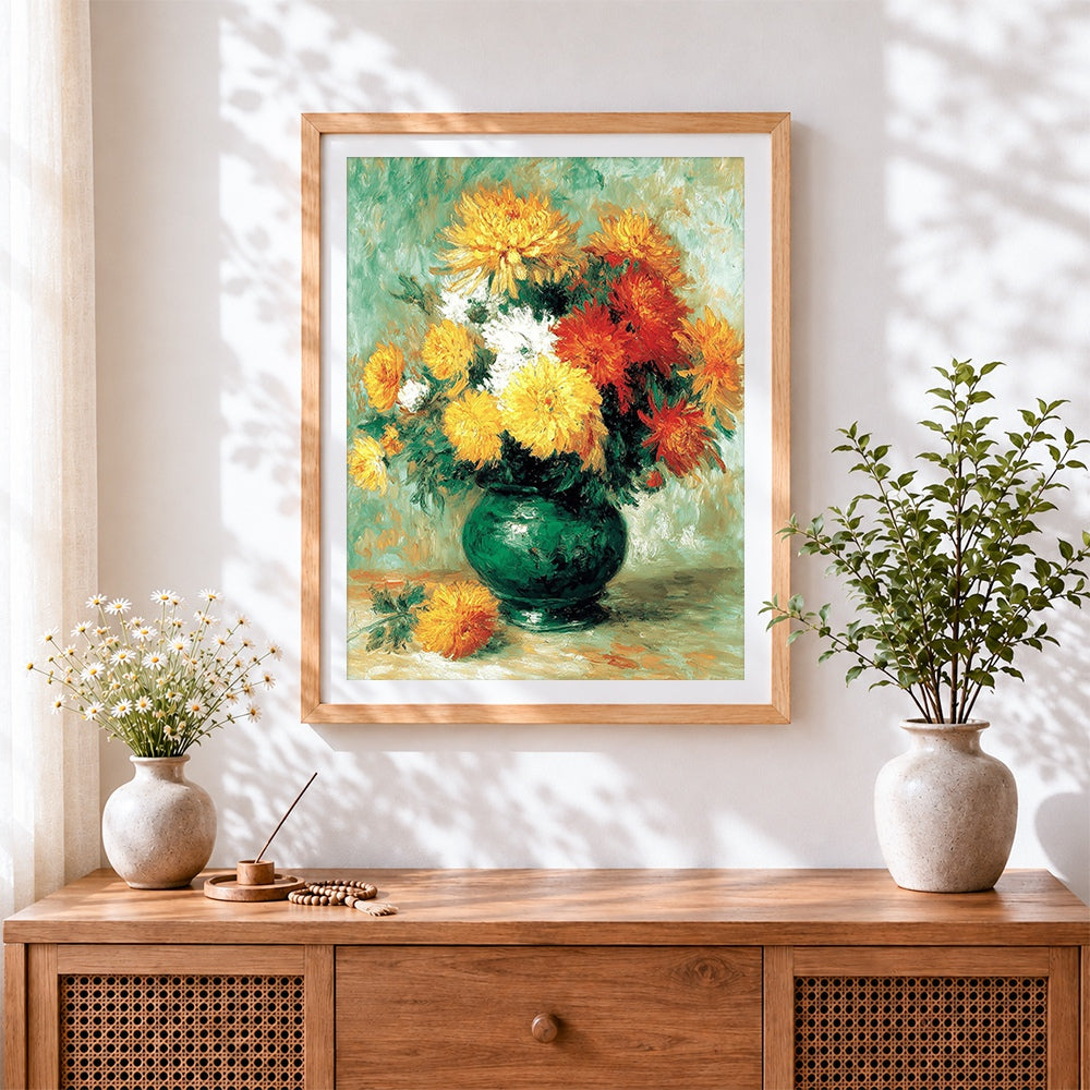 Finished chrysanthemums in a green vase cross stitch artwork displayed