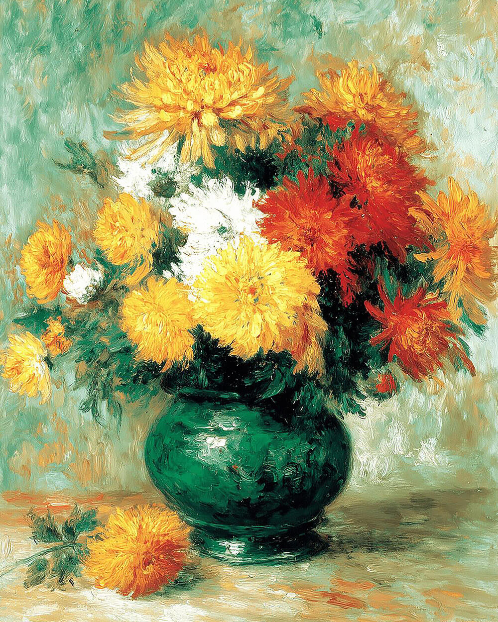 Chrysanthemums in a green vase cross stitch kit for beginners