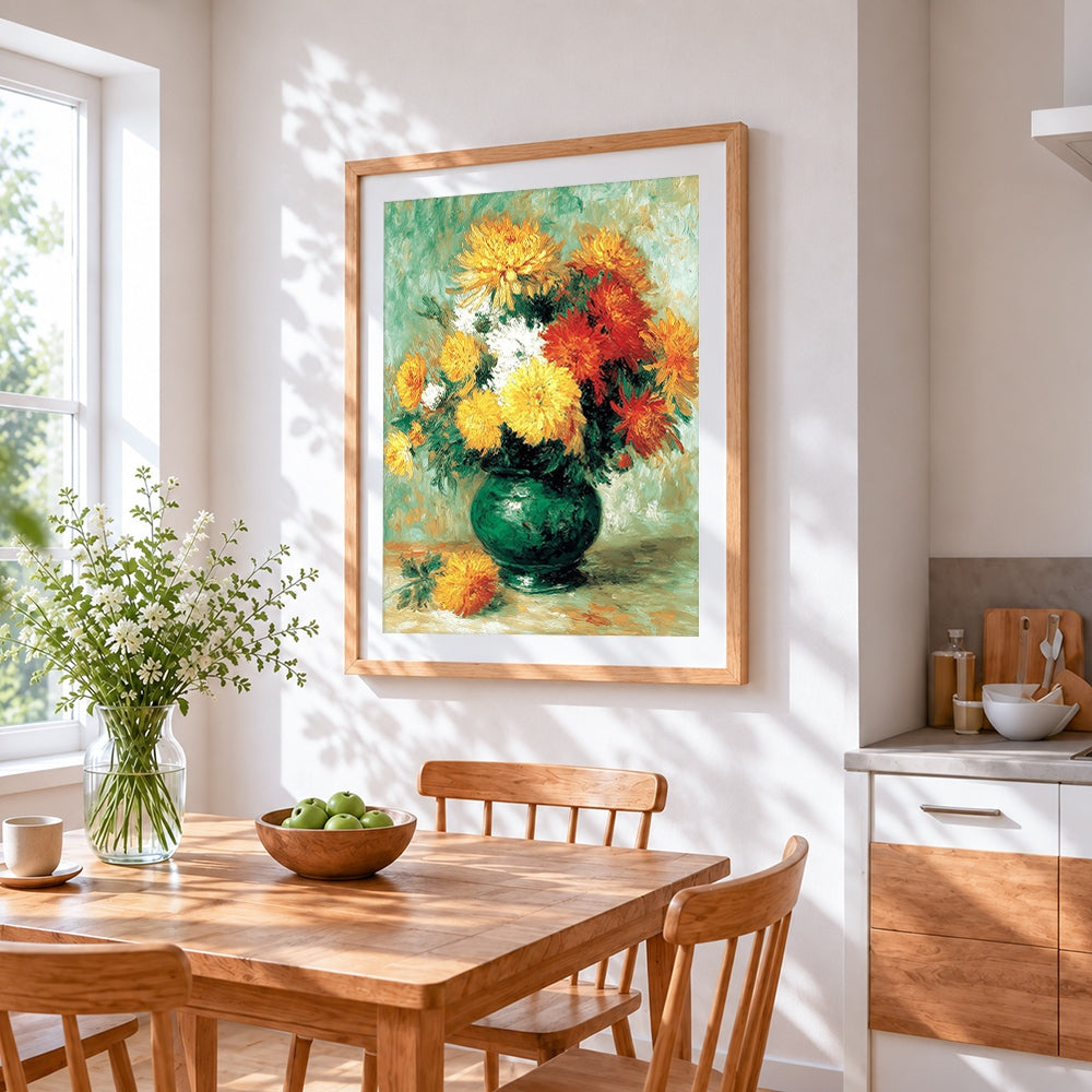 Chrysanthemums in a green vase cross stitch artwork displayed on wall as home decor