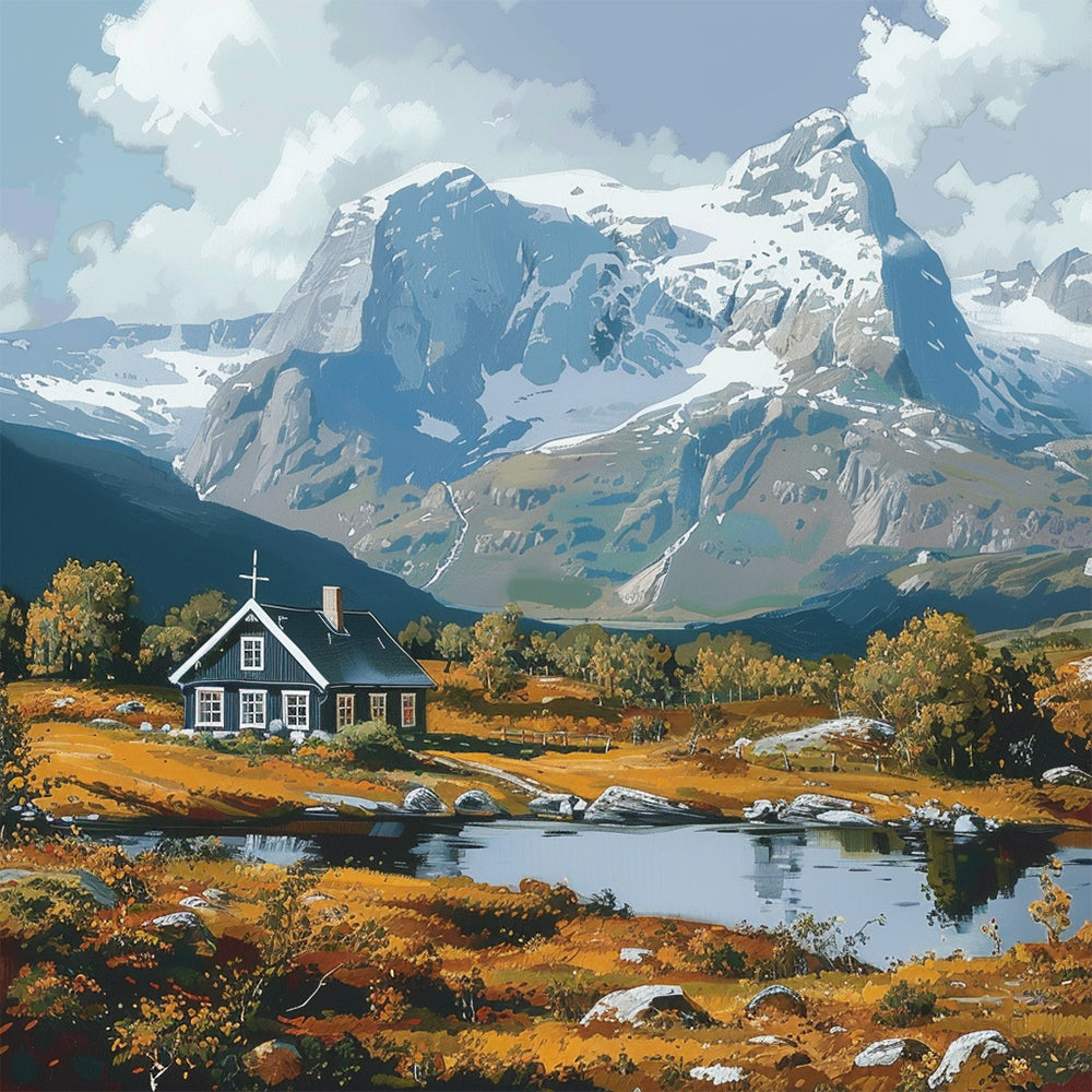 Church by a mountain lake cross stitch kit for beginners
