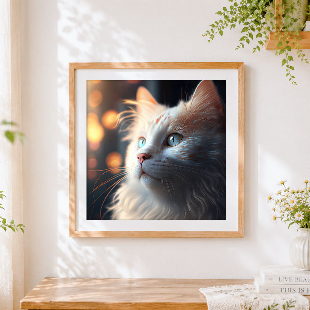 Finished cinematic white cat portrait cross stitch artwork displayed