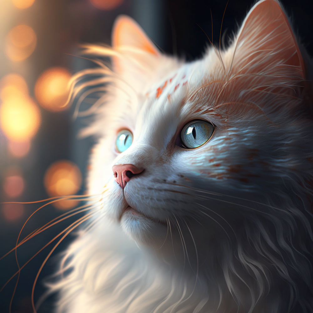 Cinematic white cat portrait cross stitch kit for beginners
