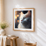 Cinematic white cat portrait cross stitch artwork displayed on wall as home decor