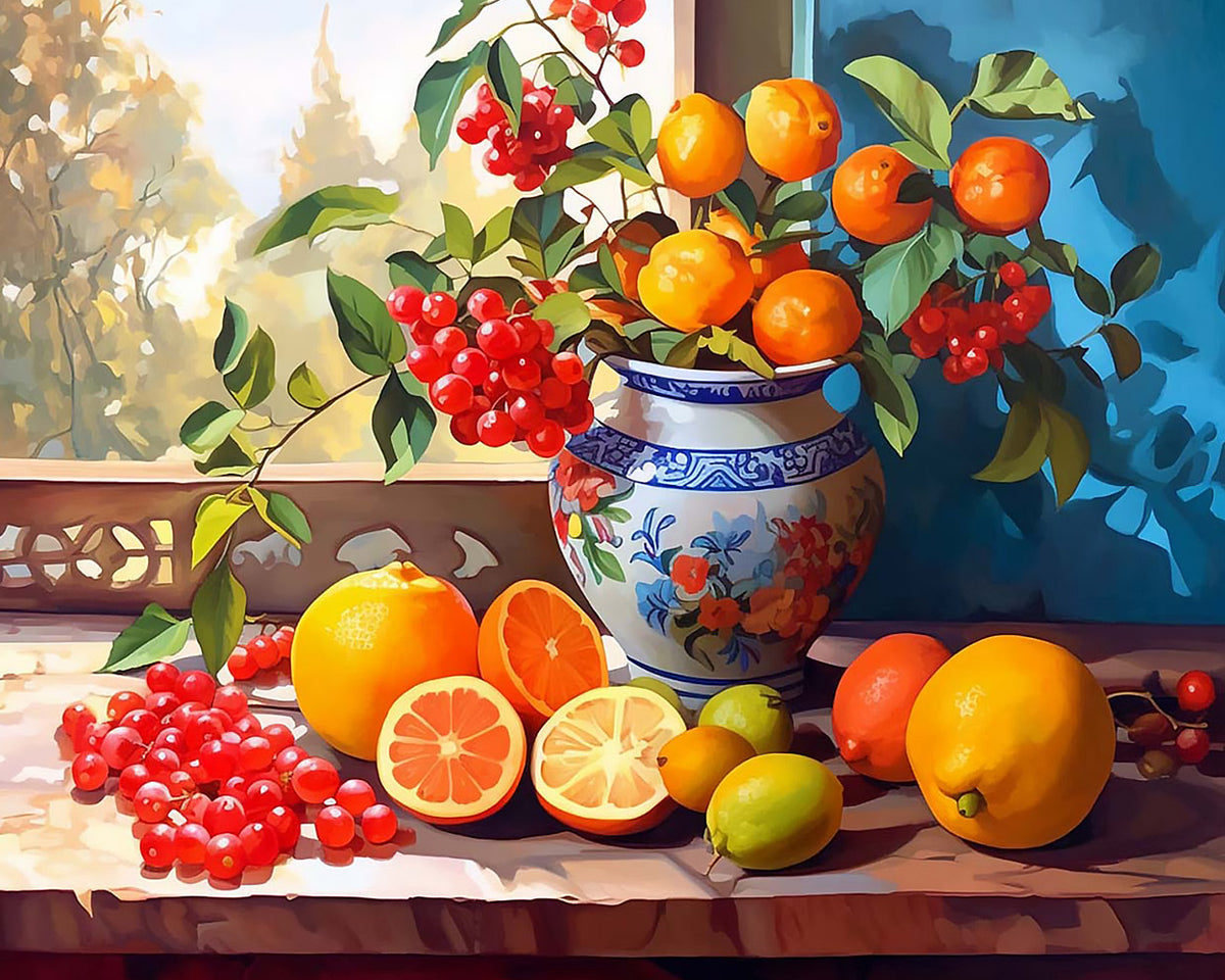 Citrus and red berries cross stitch kit for beginners