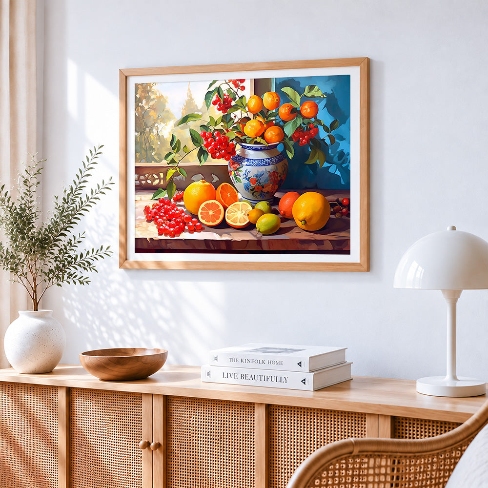 Citrus and red berries cross stitch artwork displayed on wall as home decor