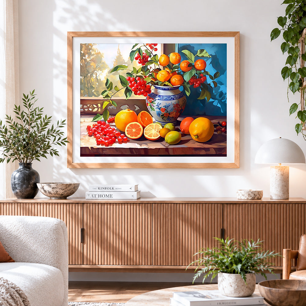 Finished citrus and red berries paint by numbers artwork displayed as home decor