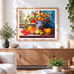 Finished citrus and red berries paint by numbers artwork displayed as home decor