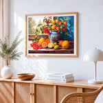 Citrus and red berries paint by numbers artwork displayed on wall as home decor