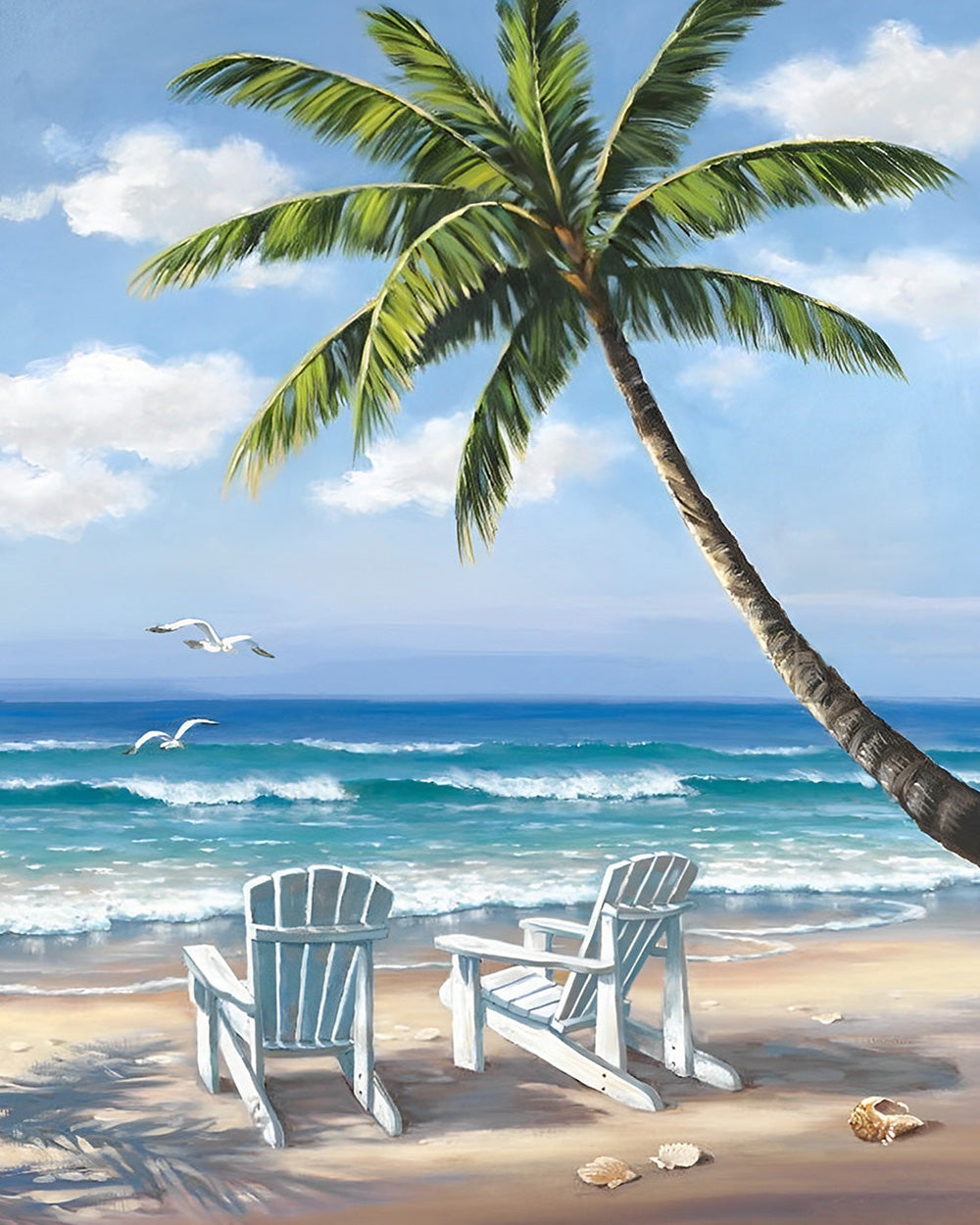 Classic beach chairs and palm tree cross stitch kit for beginners