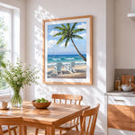 Classic beach chairs and palm tree cross stitch artwork displayed on wall as home decor