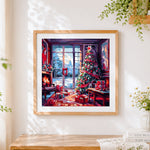 Finished classic christmas living room with snowy window cross stitch artwork displayed