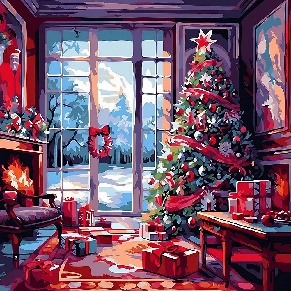 Classic christmas living room with snowy window cross stitch kit for beginners