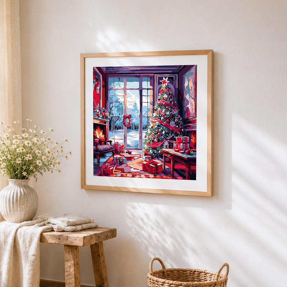 Classic christmas living room with snowy window cross stitch artwork displayed on wall as home decor