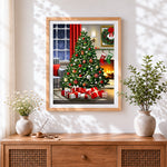 Finished classic christmas tree and cosy fireplace cross stitch artwork displayed
