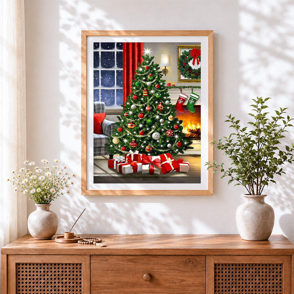 Finished classic christmas tree and cosy fireplace cross stitch artwork displayed