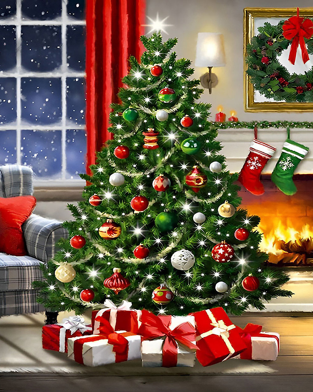 Classic christmas tree and cosy fireplace cross stitch kit for beginners