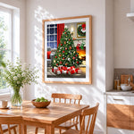 Classic christmas tree and cosy fireplace cross stitch artwork displayed on wall as home decor