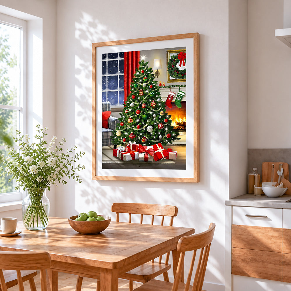 Classic christmas tree and cosy fireplace cross stitch artwork displayed on wall as home decor
