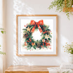 Finished classic christmas wreath with red bow cross stitch artwork displayed