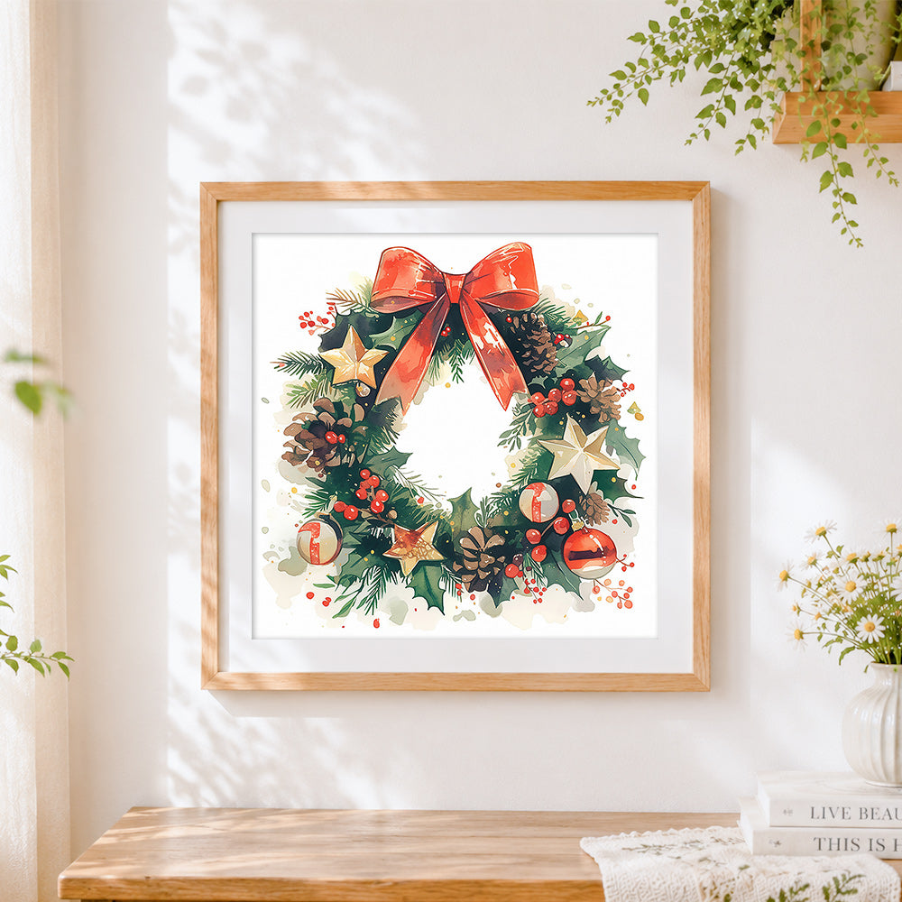 Finished classic christmas wreath with red bow cross stitch artwork displayed