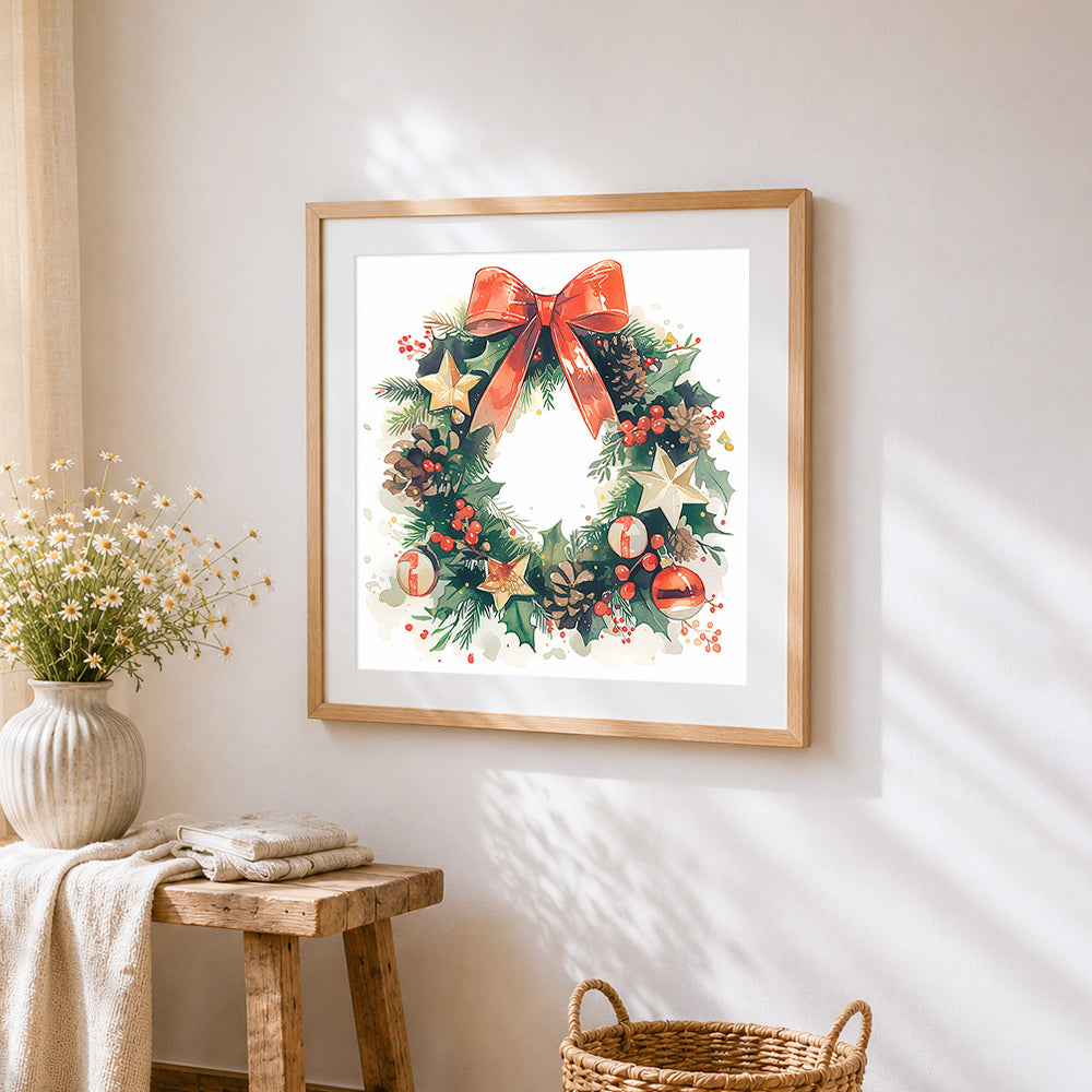 Classic christmas wreath with red bow cross stitch artwork displayed on wall as home decor