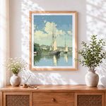 Finished classic coastal harbour sailing boats cross stitch artwork displayed