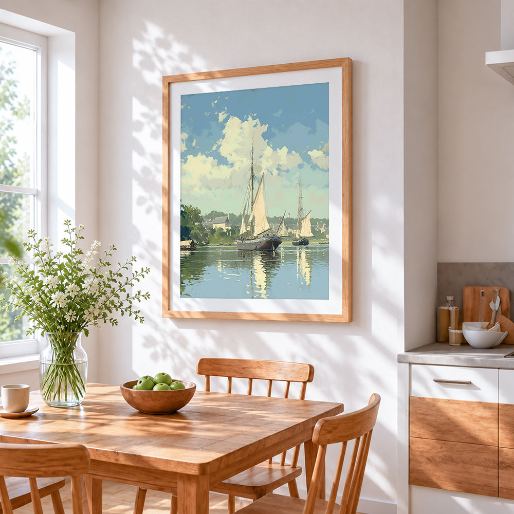 Classic coastal harbour sailing boats cross stitch artwork displayed on wall as home decor