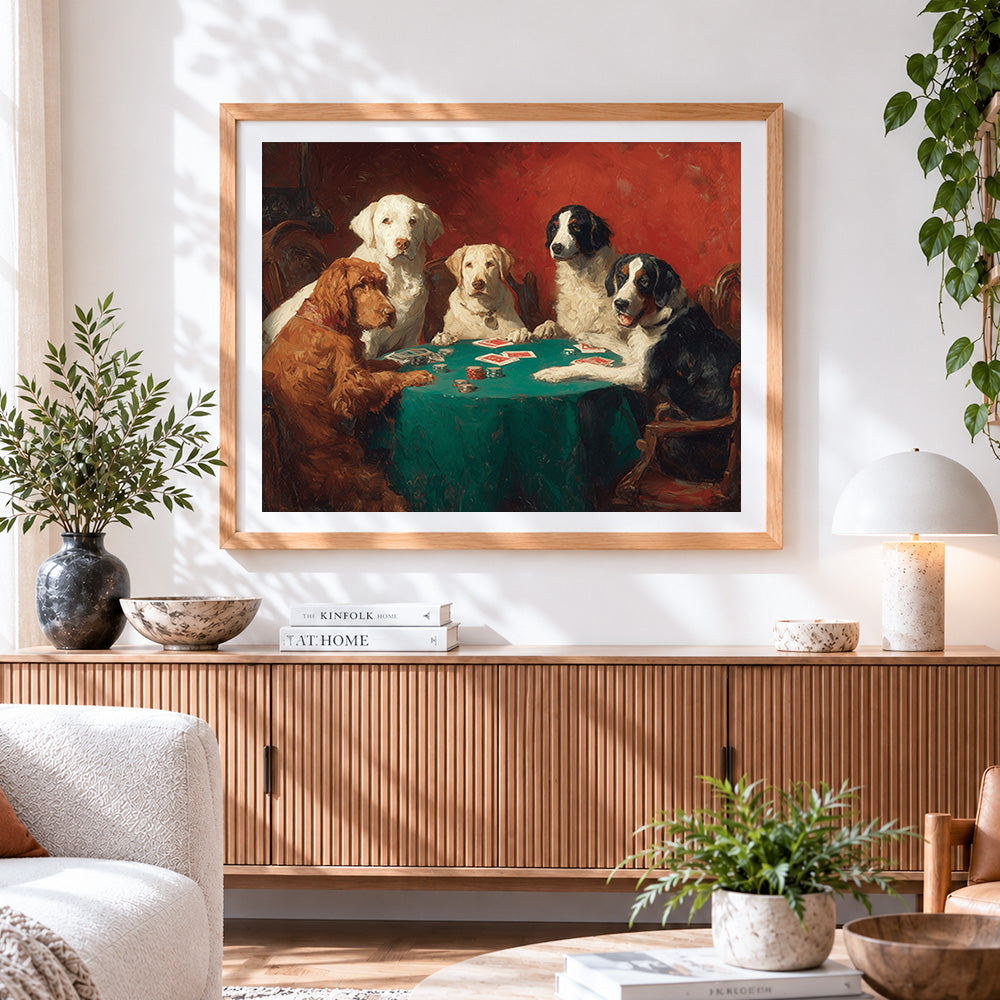 Finished classic dogs playing cards cross stitch artwork displayed
