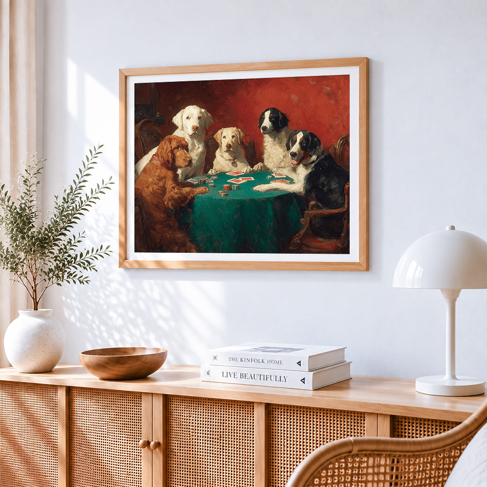 Classic dogs playing cards cross stitch artwork displayed on wall as home decor