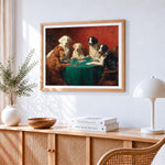 Classic dogs playing cards paint by numbers artwork displayed on wall as home decor