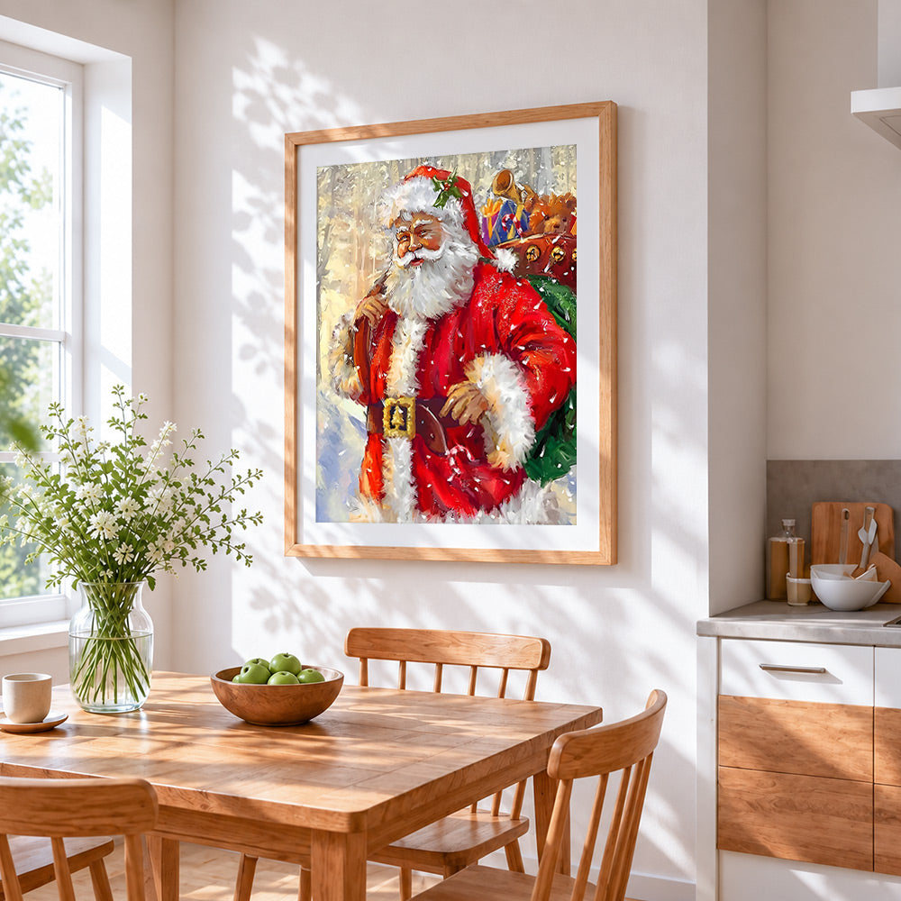 Classic father christmas carrying a sack of toys cross stitch artwork displayed on wall as home decor