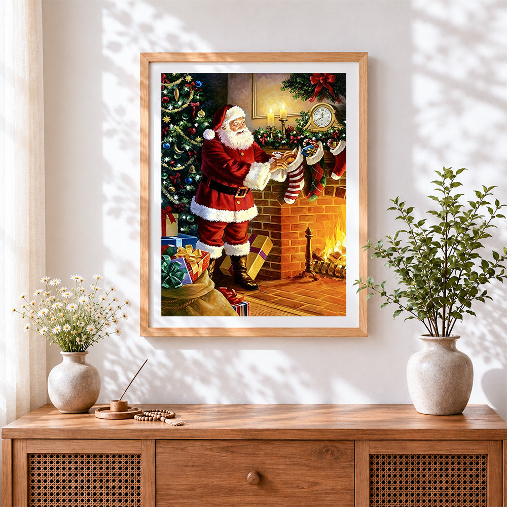 Finished classic father christmas filling stockings cross stitch artwork displayed