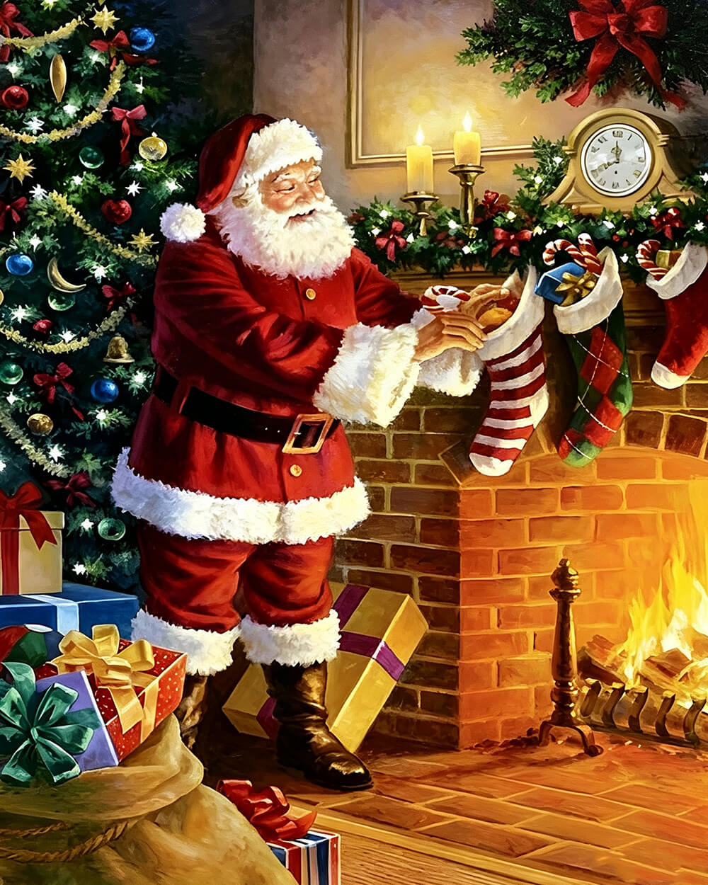 Classic father christmas filling stockings cross stitch kit for beginners