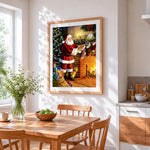 Classic father christmas filling stockings cross stitch artwork displayed on wall as home decor