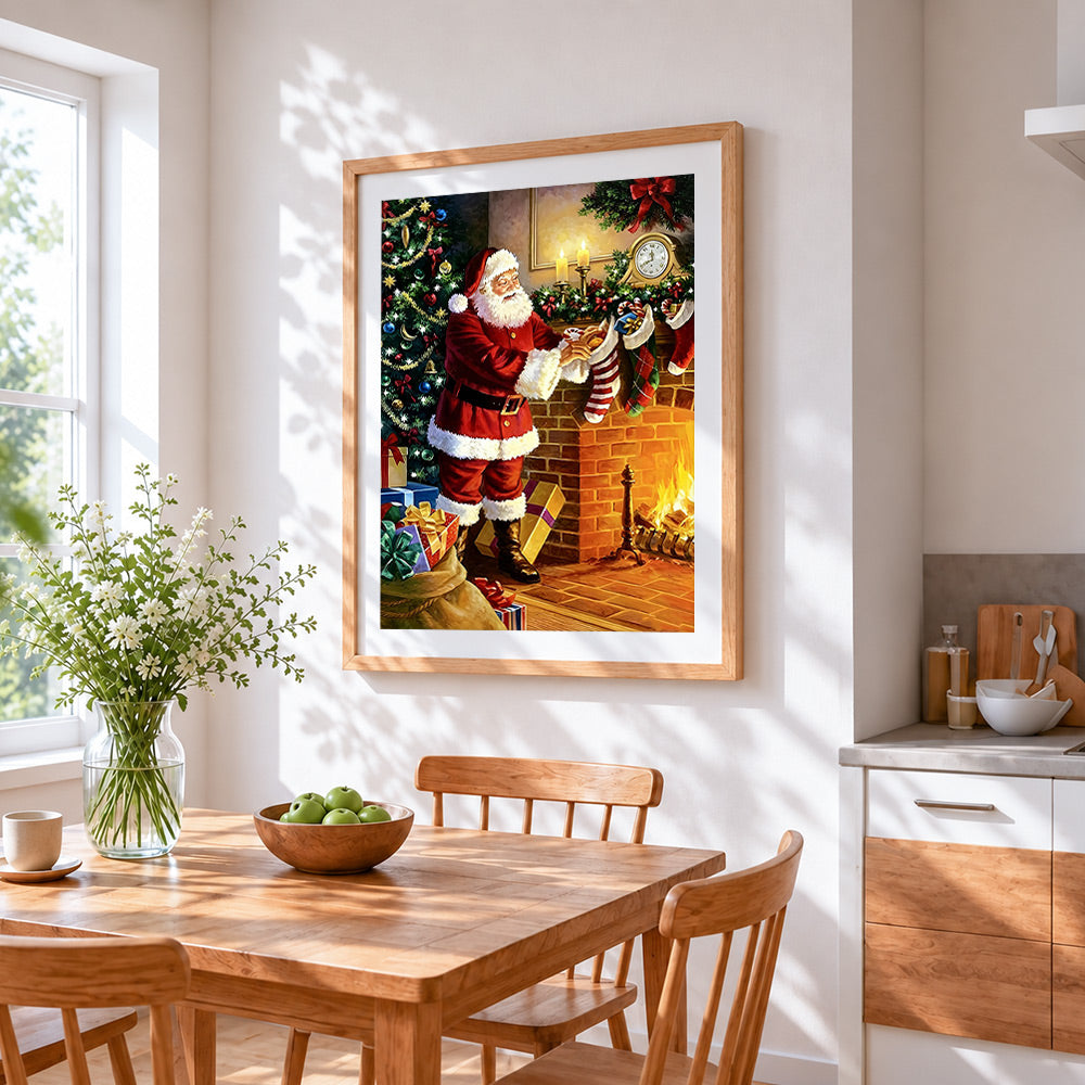 Classic father christmas filling stockings cross stitch artwork displayed on wall as home decor