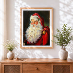 Finished classic father christmas portrait cross stitch artwork displayed