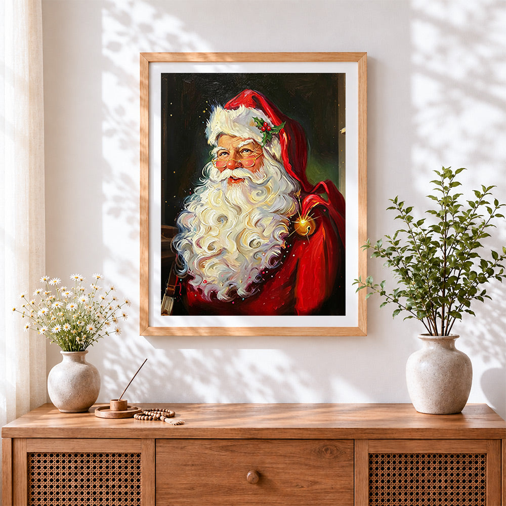 Finished classic father christmas portrait cross stitch artwork displayed