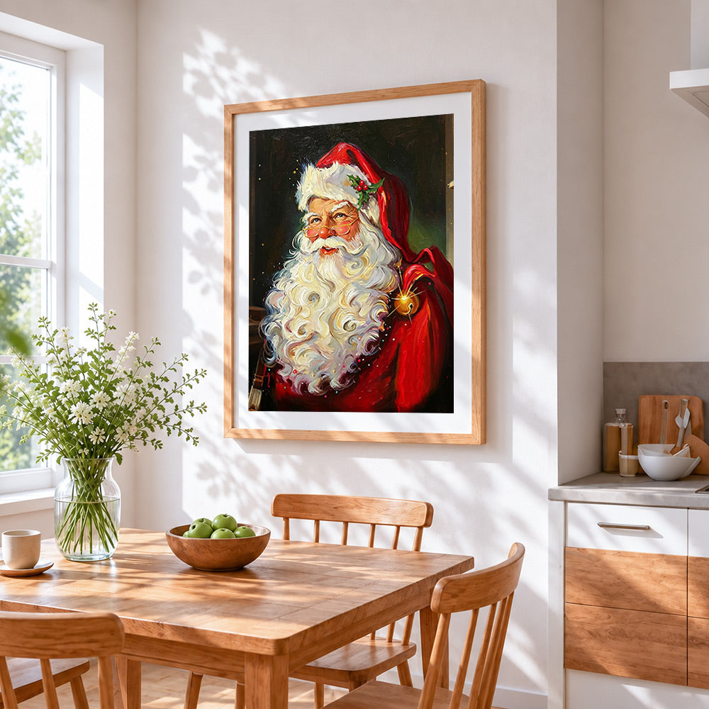 Classic father christmas portrait cross stitch artwork displayed on wall as home decor