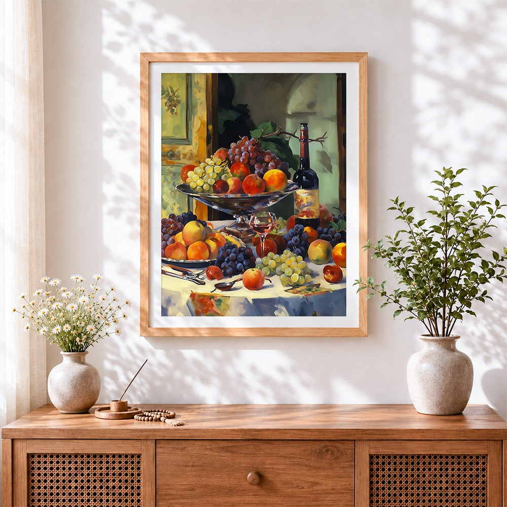 Finished classic fruit and wine still life cross stitch artwork displayed