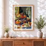 Finished classic fruit and wine still life cross stitch artwork displayed