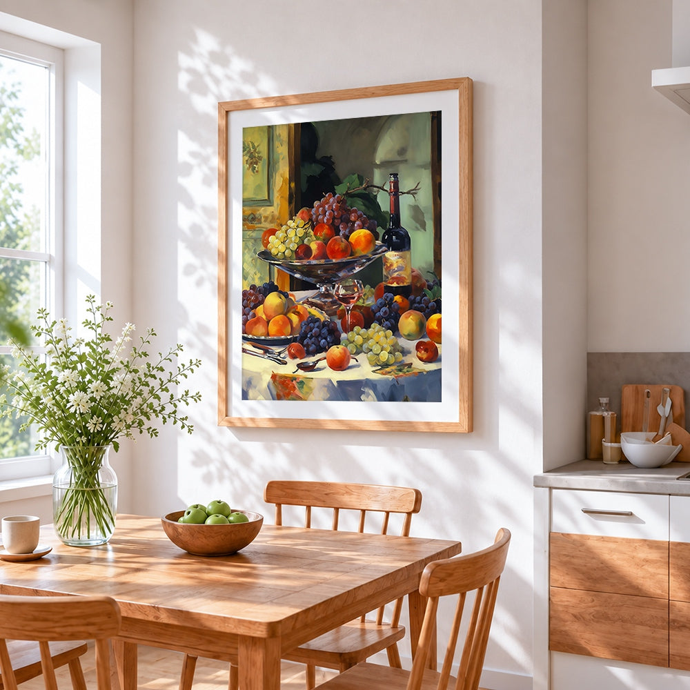 Classic fruit and wine still life cross stitch artwork displayed on wall as home decor