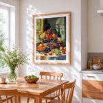 Classic fruit and wine still life cross stitch artwork displayed on wall as home decor