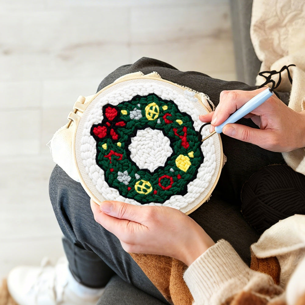 Creating handmade classic green holiday wreath unch needle artwork