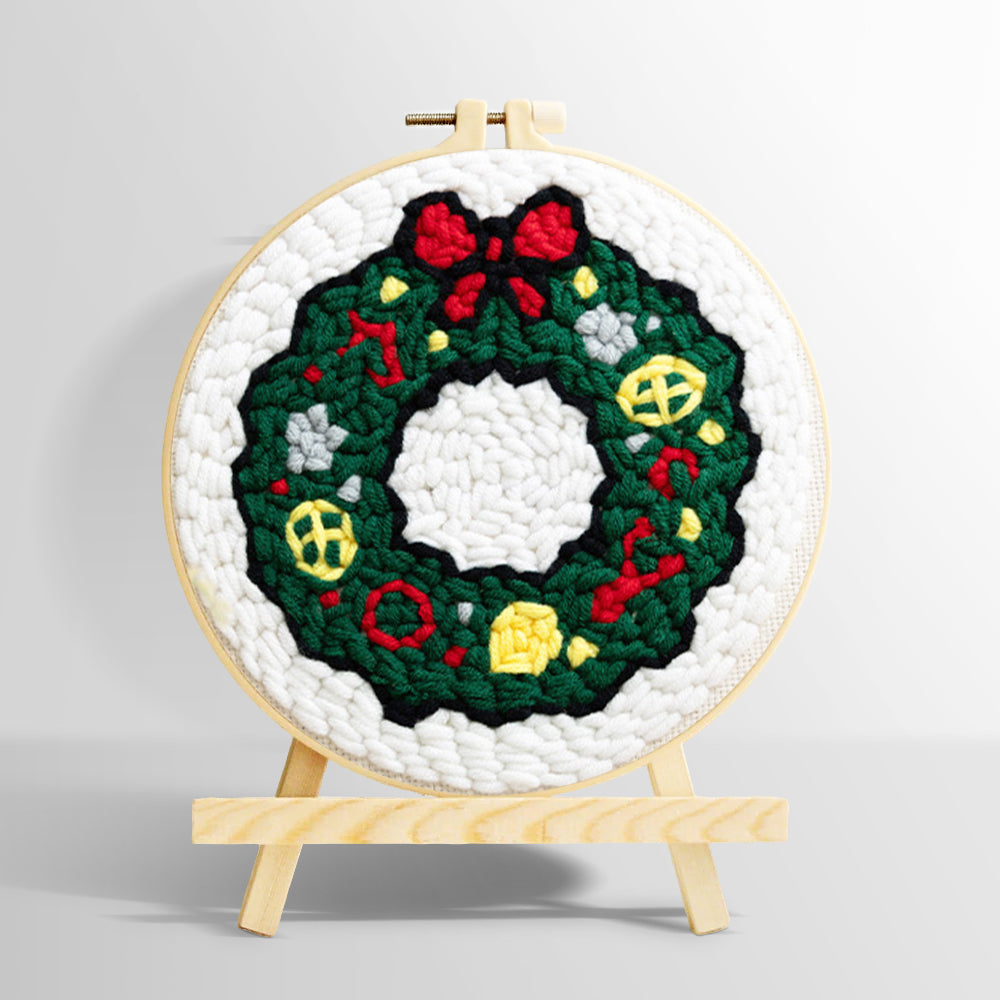 Classic green holiday wreath punch needle kit for beginners