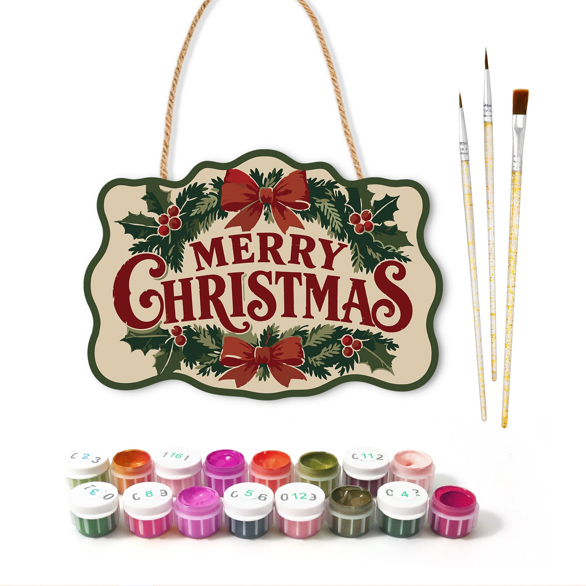 Classic holly and bow paint by numbers door hanger with paints and brushes