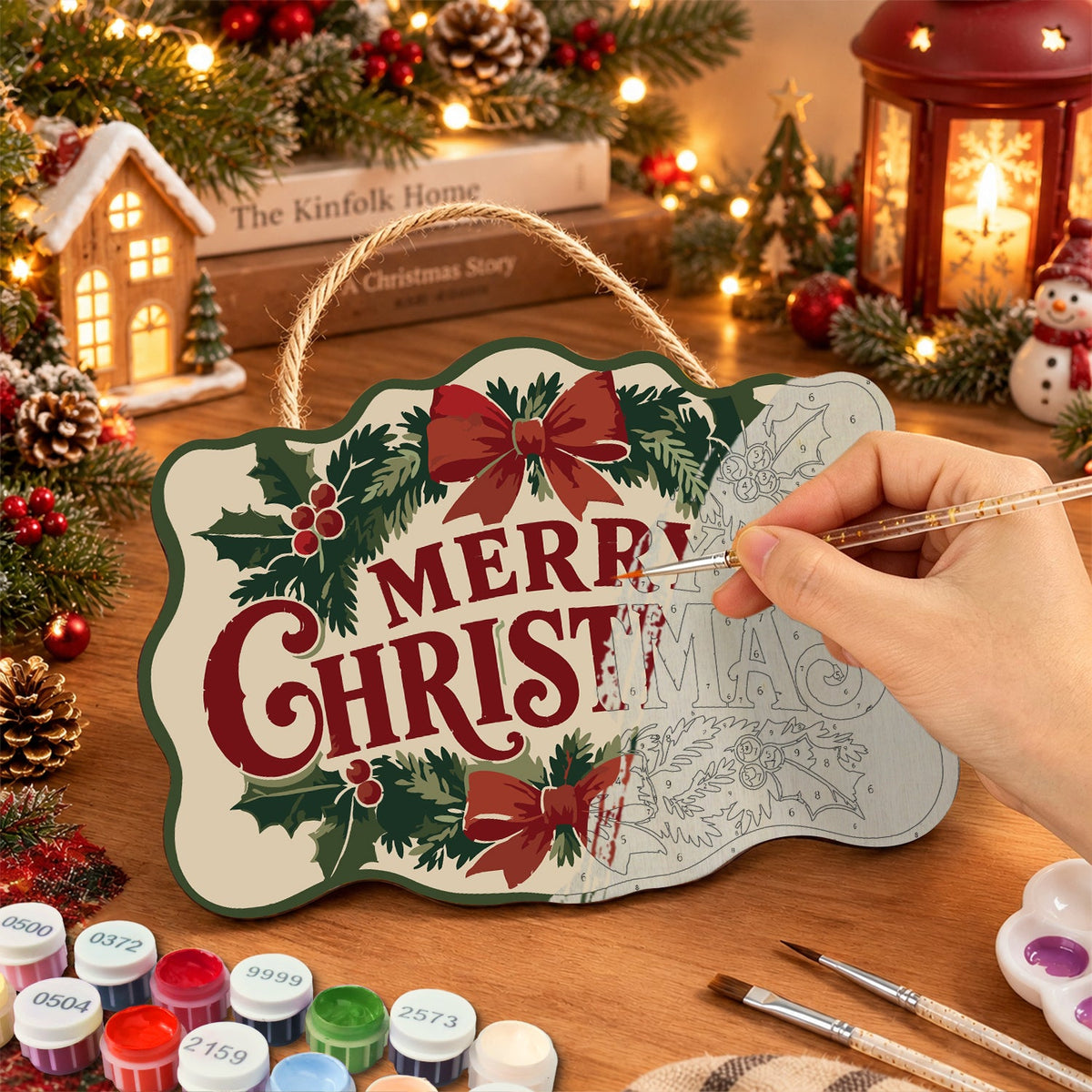 Classic holly and bow paint by numbers door hanger painting process