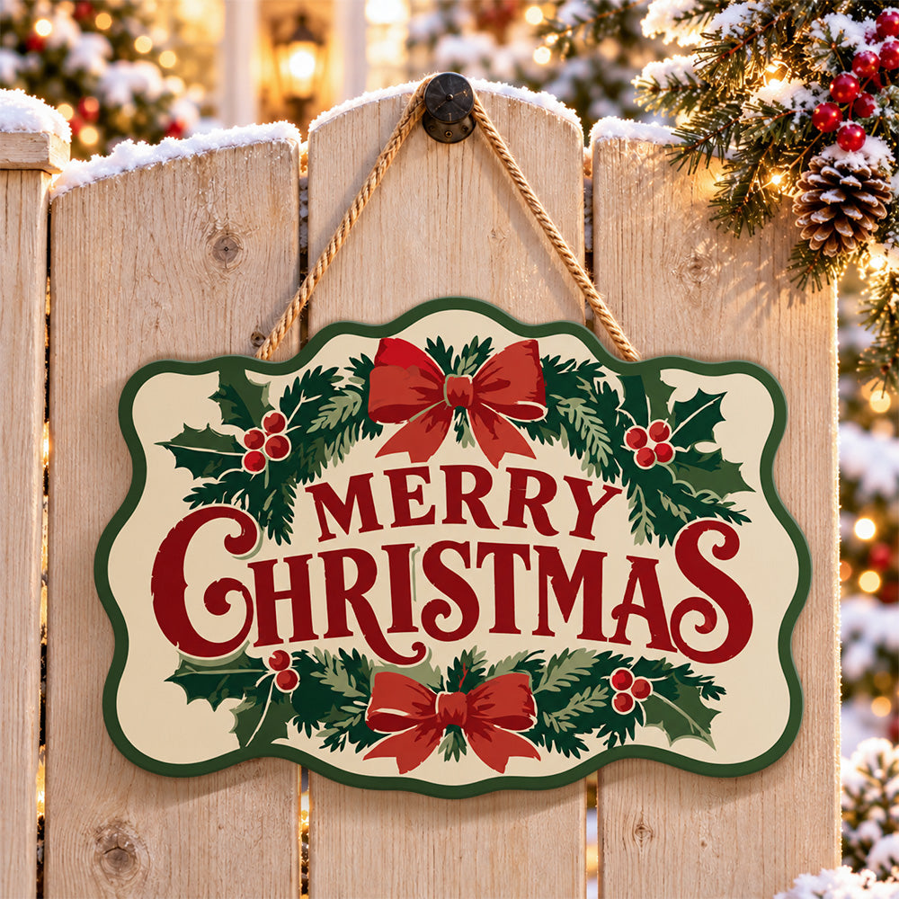 Classic holly and bow paint by numbers door hanger on a garden gate