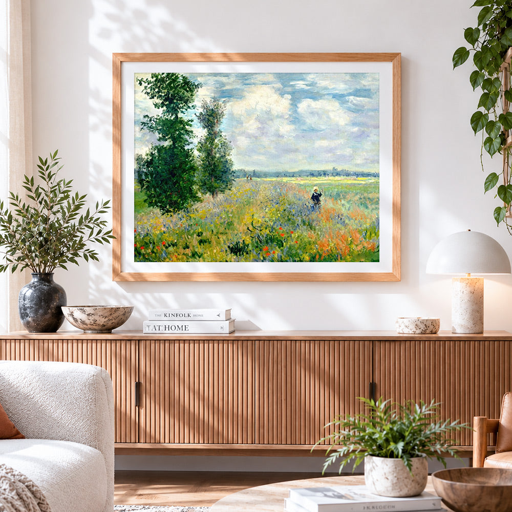 Finished classic impressionist landscape cross stitch artwork displayed