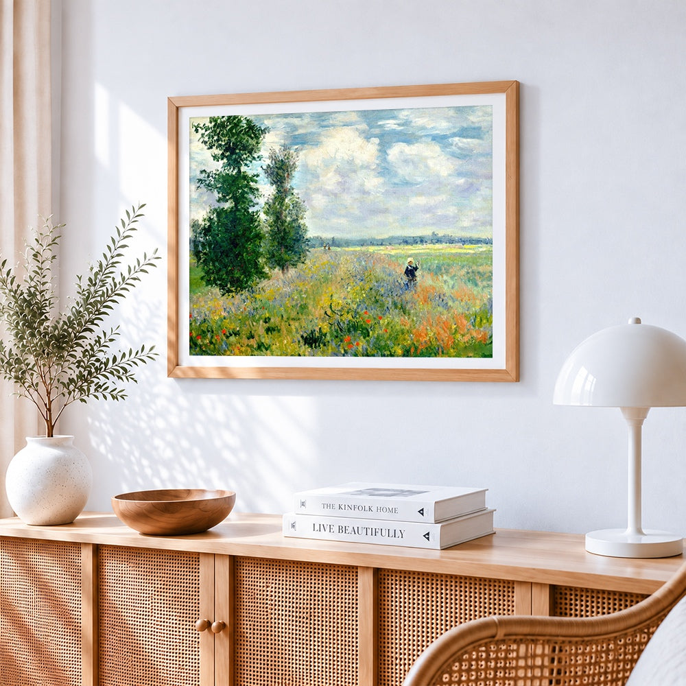Classic impressionist landscape cross stitch artwork displayed on wall as home decor