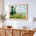 Classic impressionist landscape cross stitch artwork displayed on wall as home decor